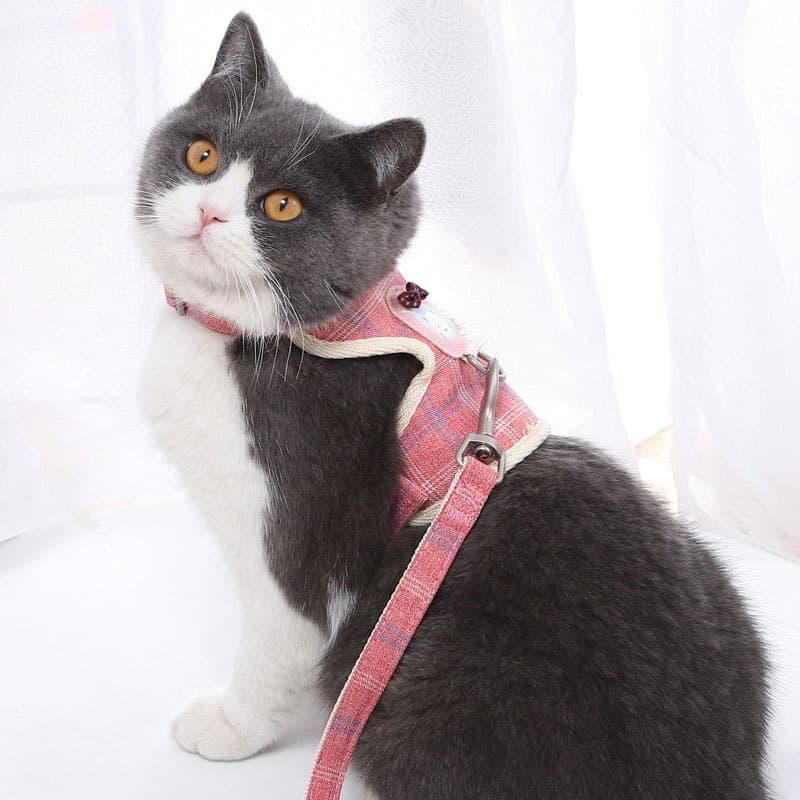 ペット用首輪 小花柄リボン付きベスト型猫用胴輪